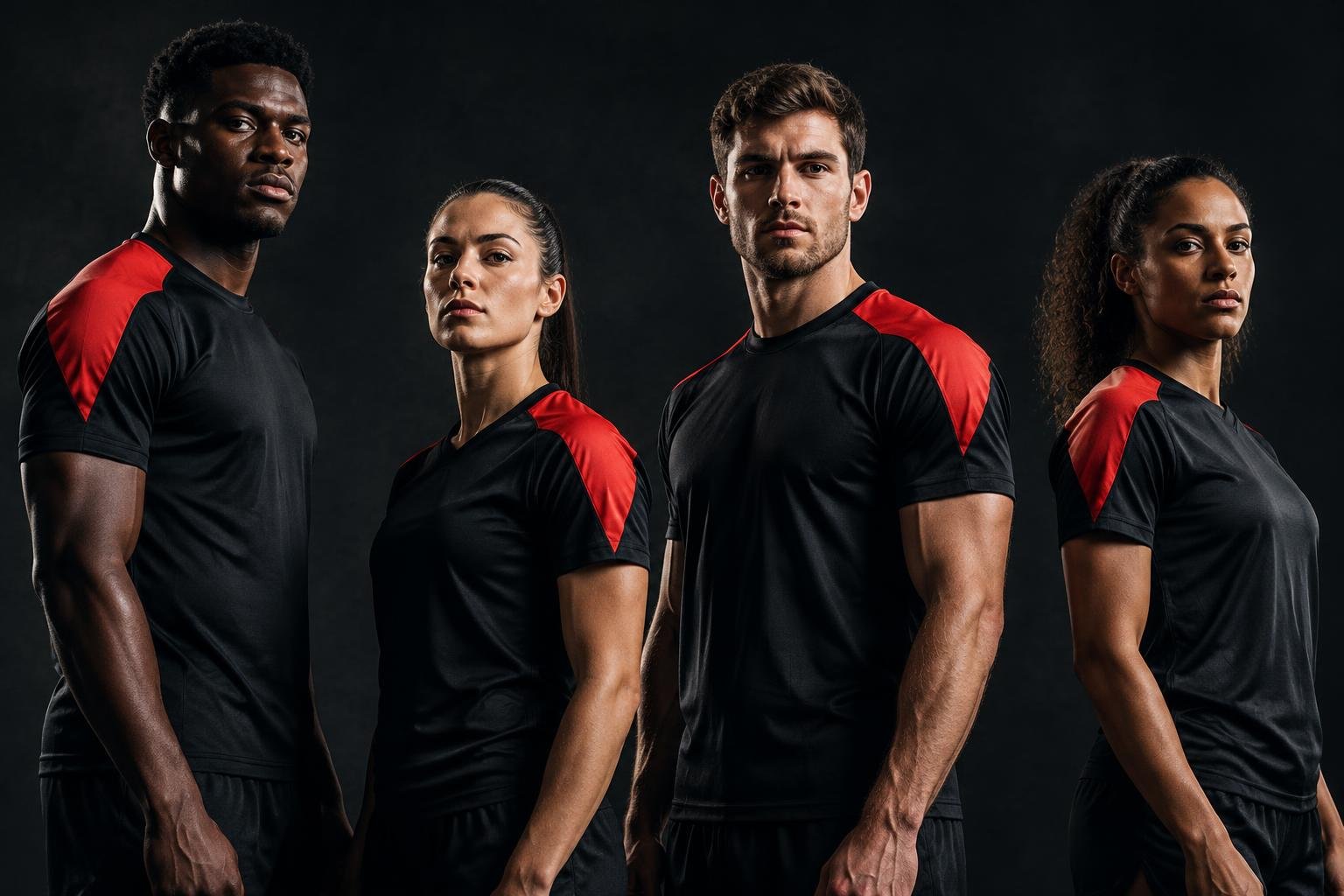 Athletes wearing custom manufactured black and red sportswear