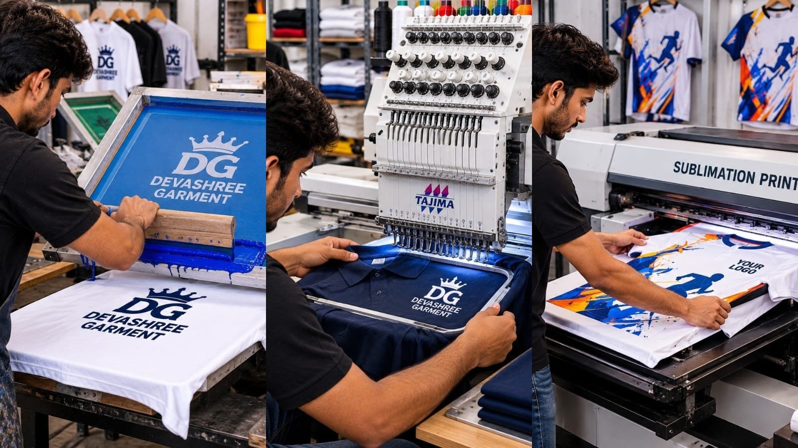 Screen printing, embroidery and sublimation printing